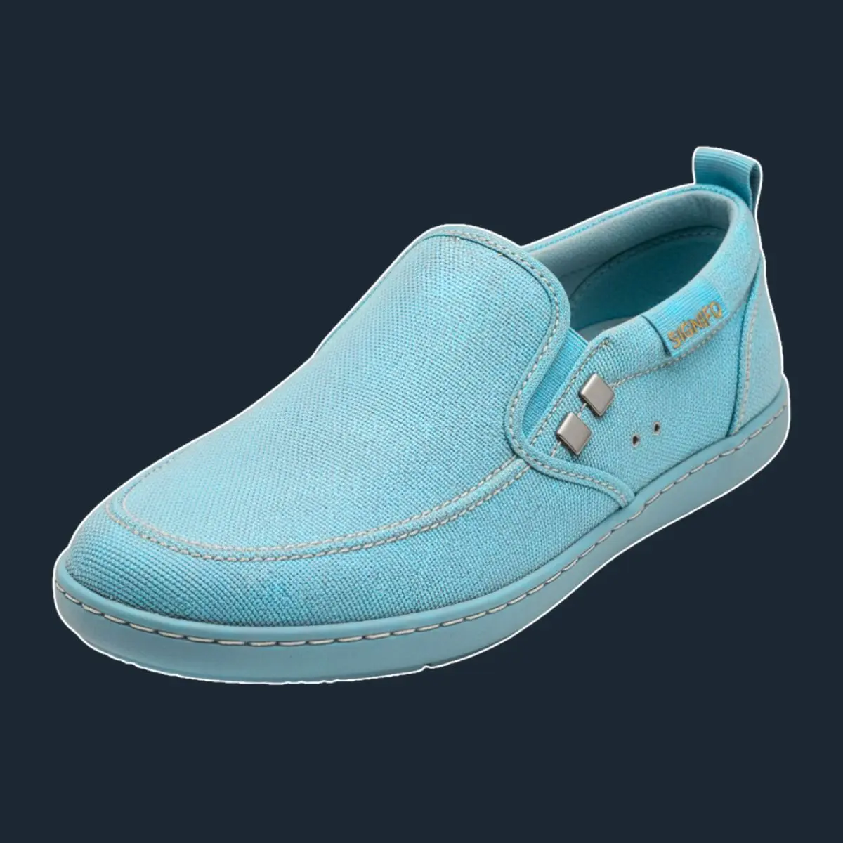 Sepatu *slip-on* Signifo biru muda dengan detail logam persegi.