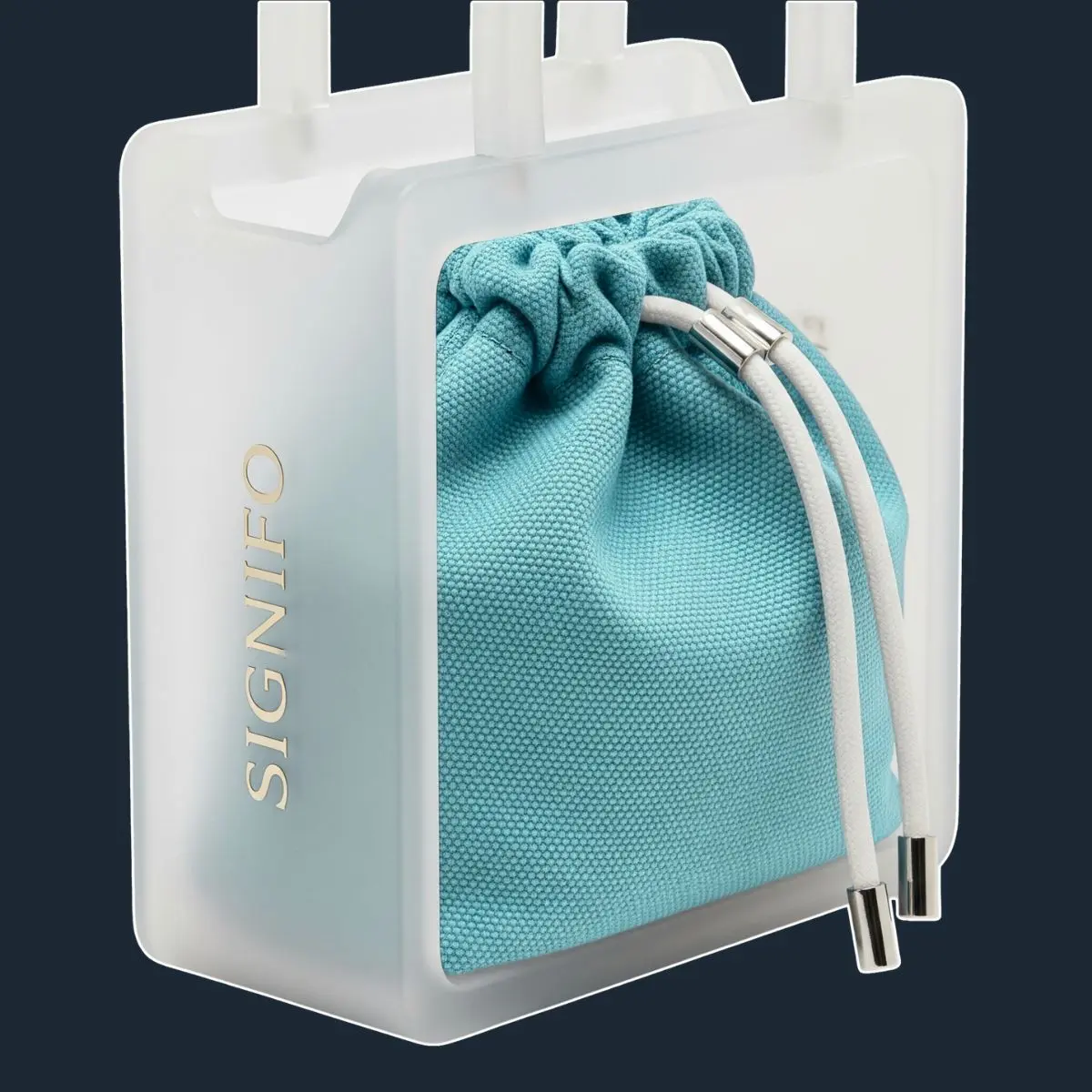 Tas jinjing Signifo transparan dengan kantong serut *teal* di dalamnya.