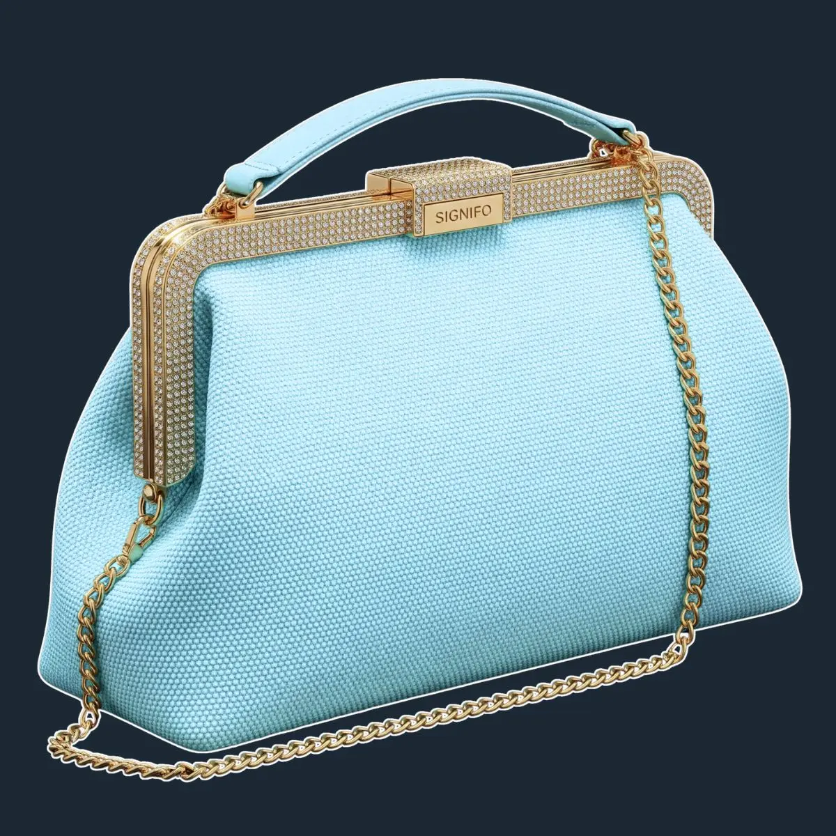 Tas Signifo *clutch frame* biru muda dengan detail berlian imitasi di *frame* emas dan rantai.