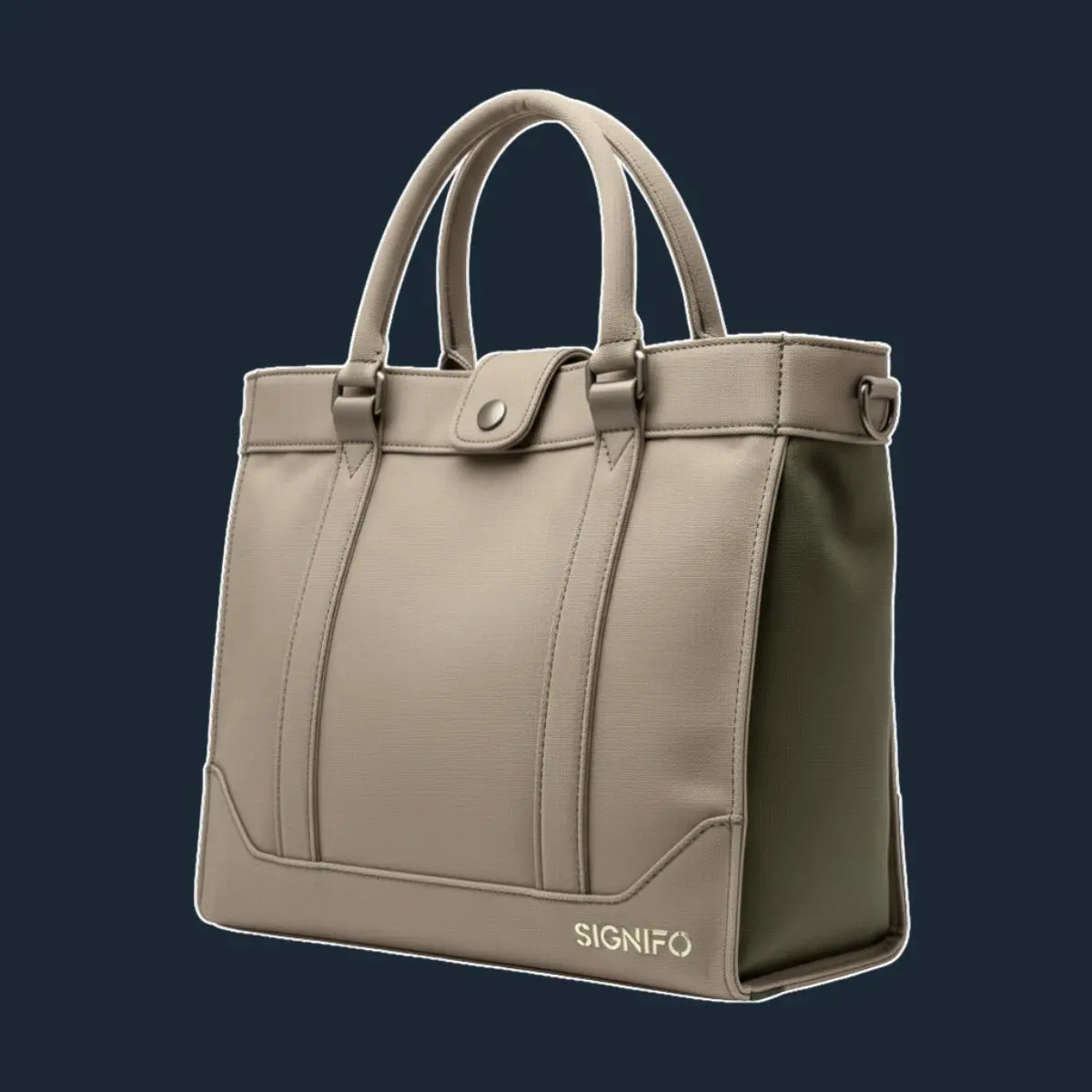 Tas tangan Signifo *tote* berwarna *taupe* dengan detail jahitan dan kancing snap tunggal.