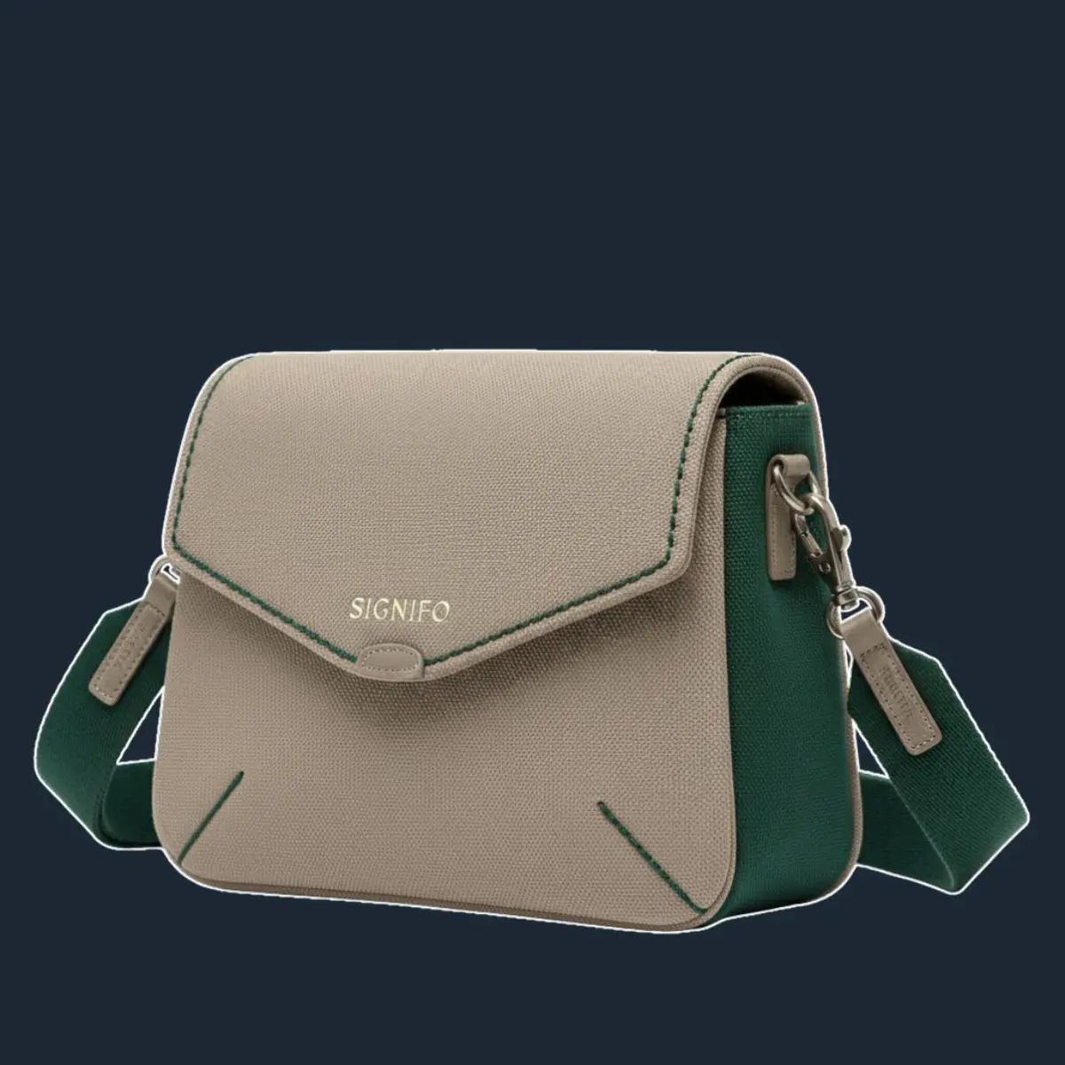 Tas selempang Signifo *beige* dan hijau tua dengan penutup *envelope*.