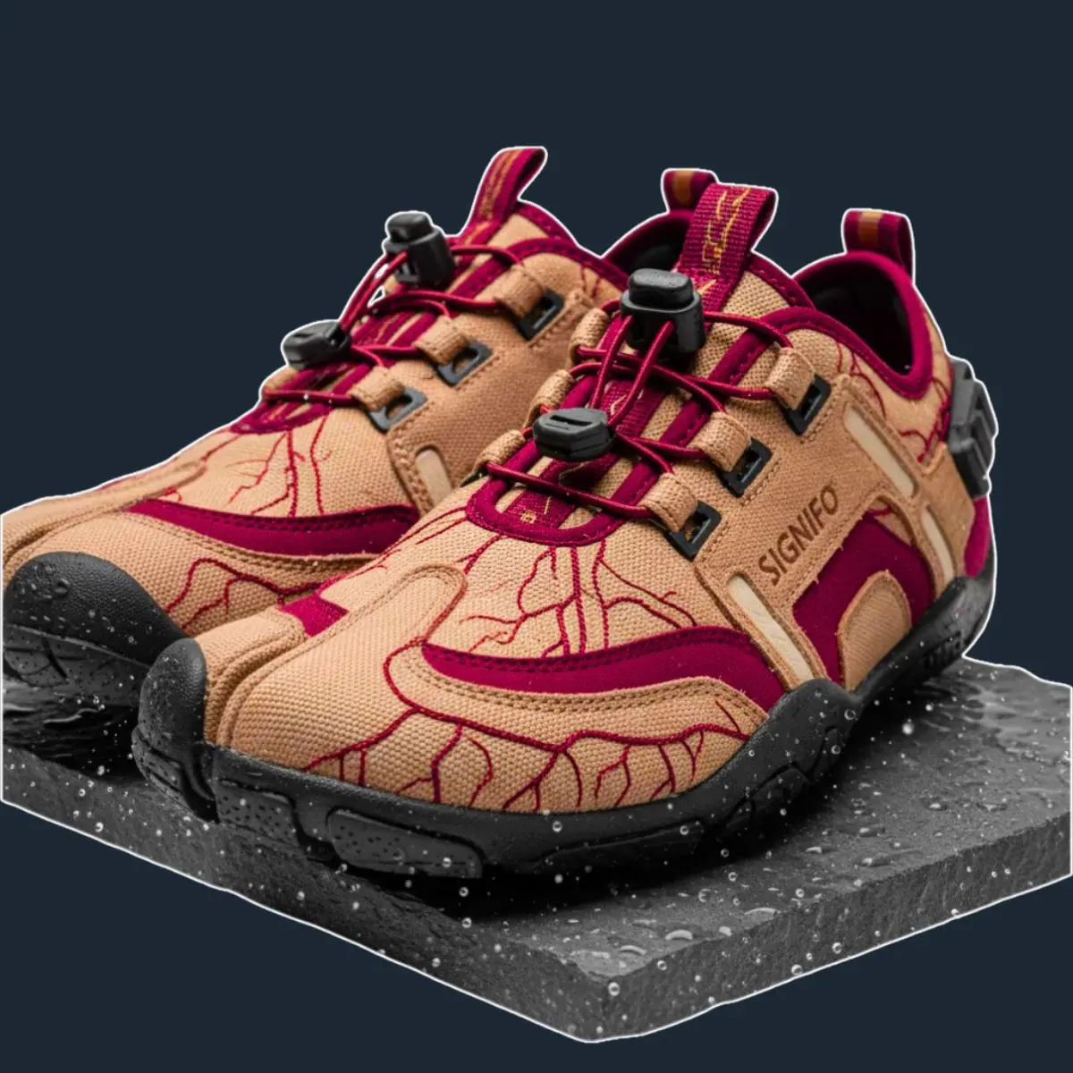 Sepatu trail Copper Blush dengan pola akar merah tua.