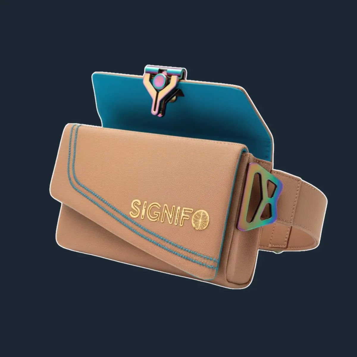 Tas pinggang Copper Blush dengan jahitan biru dan hardware pelangi.