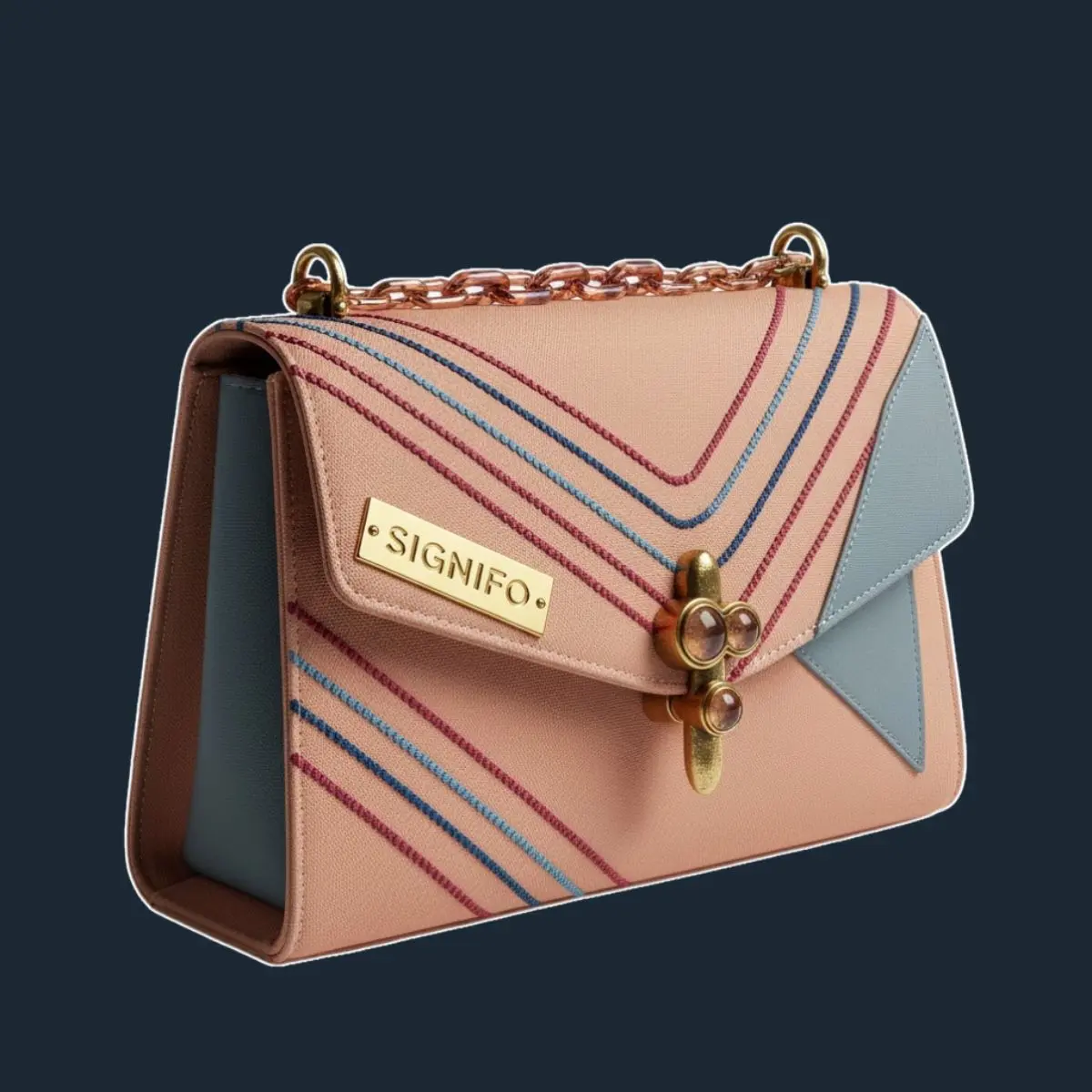 Tas tangan Copper Blush dan biru dengan jahitan V.