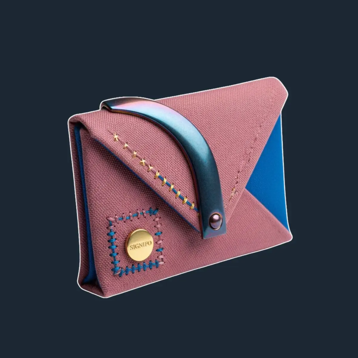 Dompet amplop dusty pink & biru dengan jahitan dekoratif dan gesper pelangi.