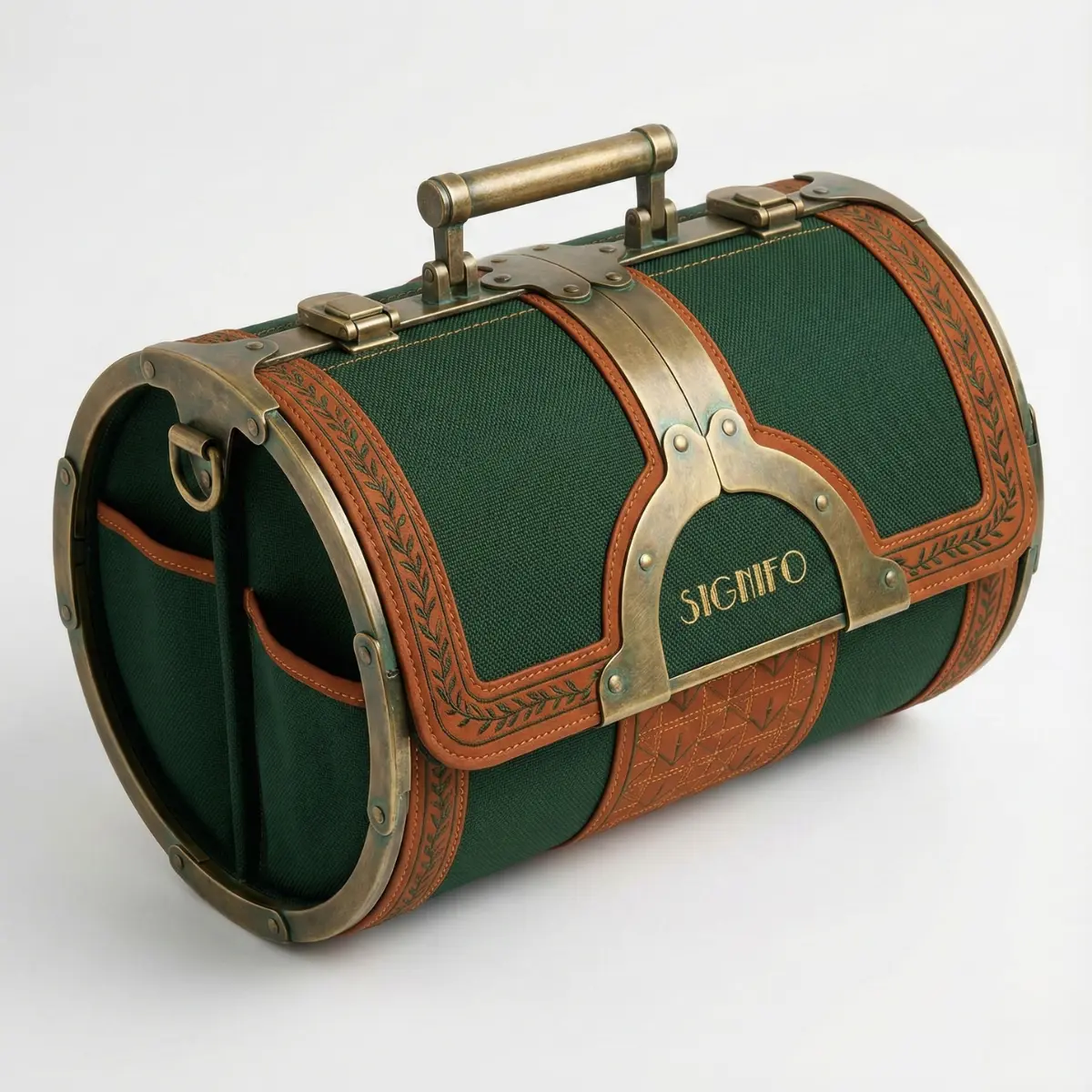 Tas Signifo berbentuk drum hijau gelap bergaya vintage dengan detail trim kulit cokelat yang dihiasi daun-daunan dan perangkat keras kuningan.