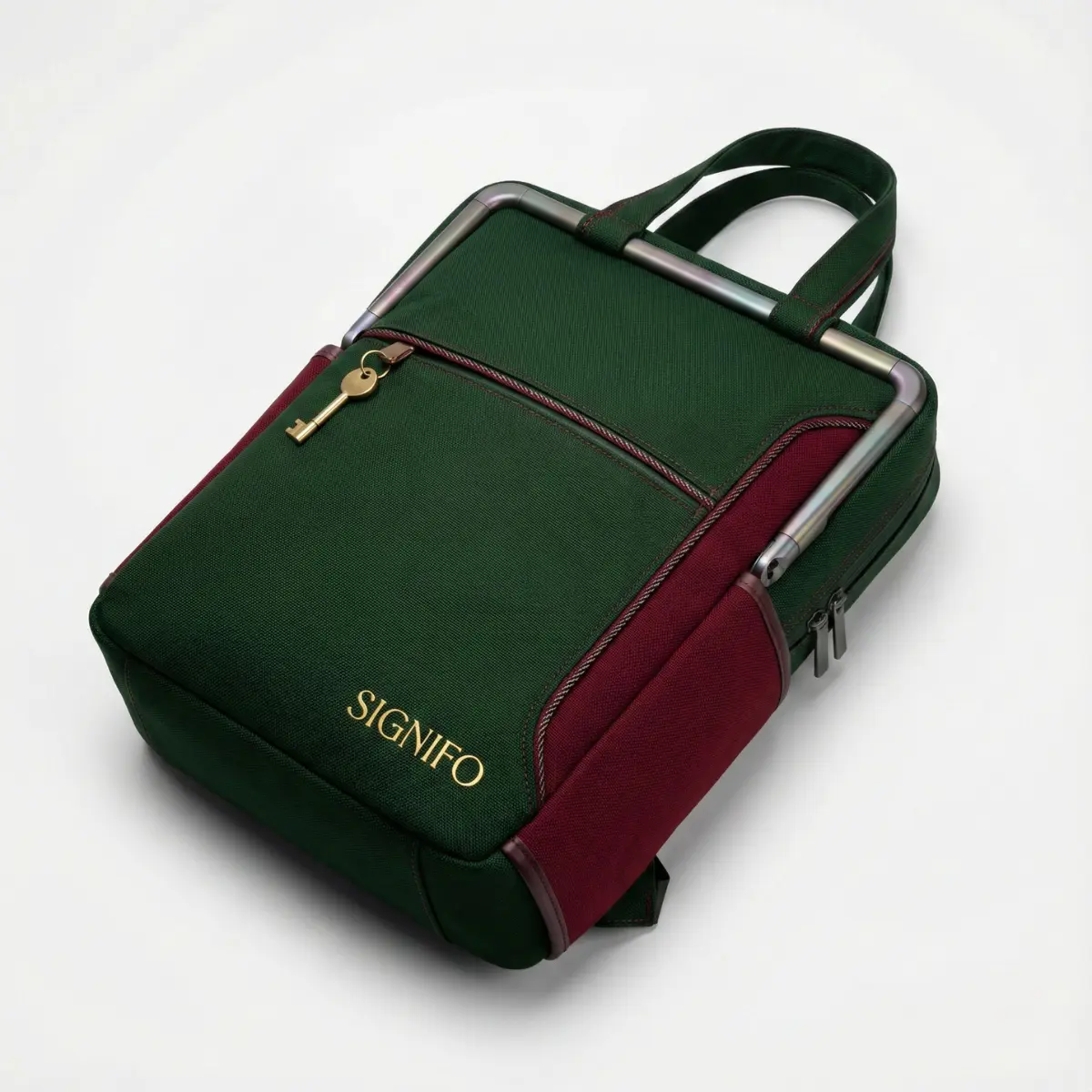Ransel Signifo hijau gelap-merah marun dengan ritsleting depan, kunci gantungan emas, dan pegangan frame logam di bagian atas.