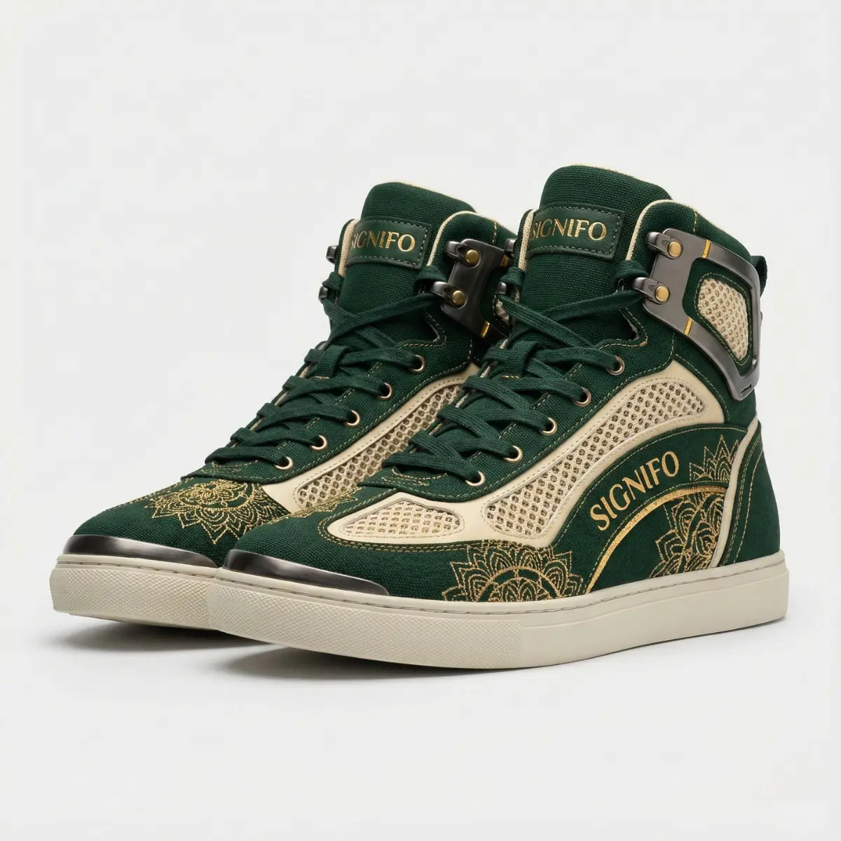 Sepatu sneakers SIGNIFO kanvas hijau bordir emas.