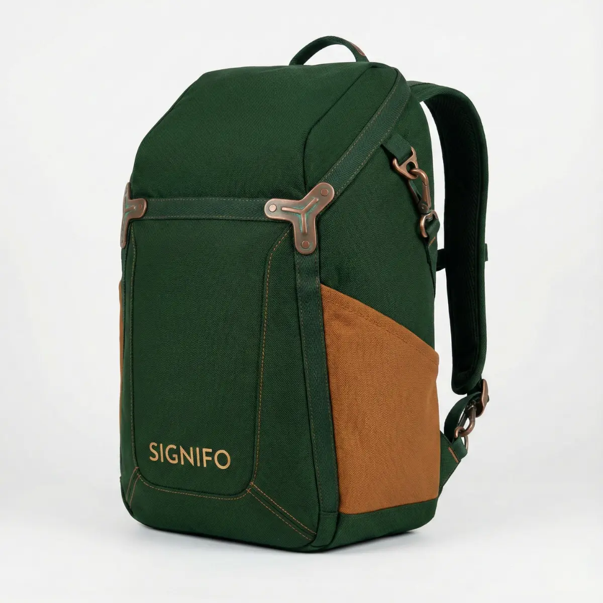 Ransel Signifo hijau gelap-cokelat dengan saku samping, aksen logam tembaga, dan gaya roll-top