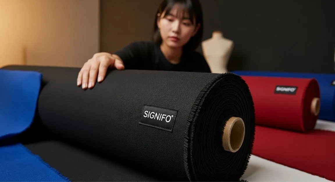 Desainer memeriksa kualitas kain kanvas polyester SIGNIFO di workshop