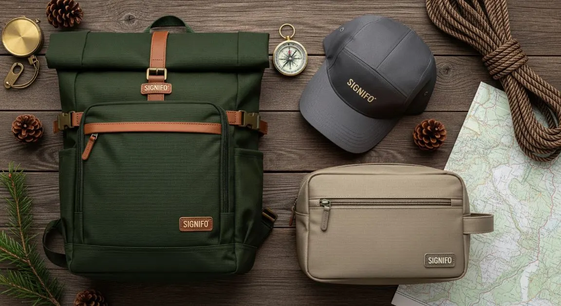 Tas ransel dan aksesoris outdoor dari kain kanvas SIGNIFO warna Hijau TNI, Khaki, dan Abu.