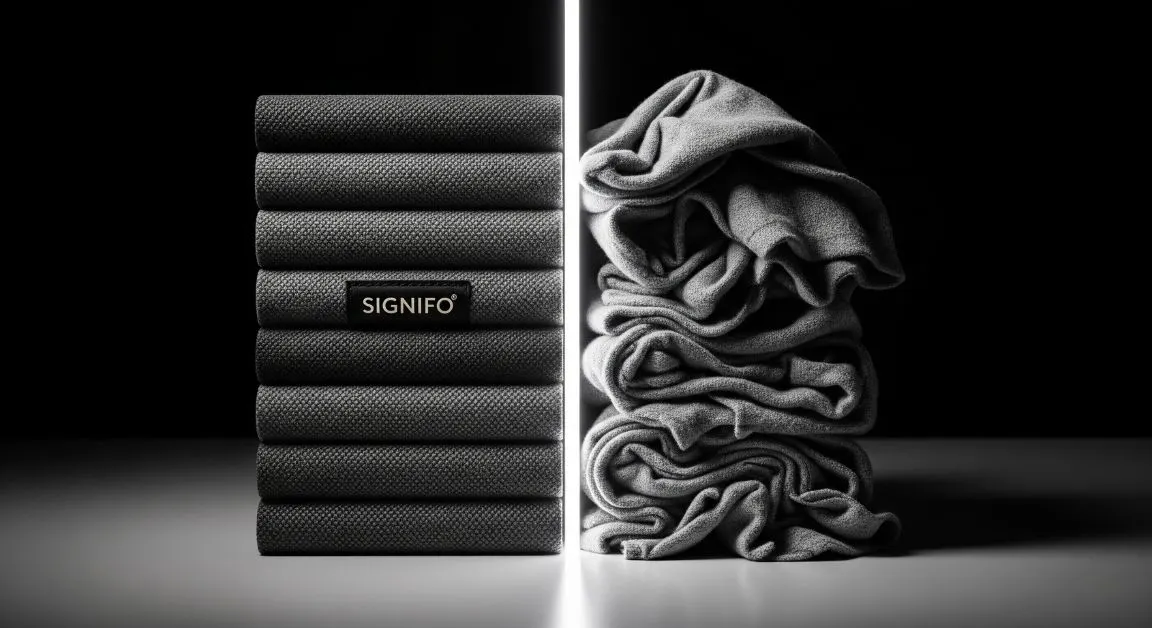 Kontras antara kain kanvas SIGNIFO terlipat rapi dan kain yang belum teratur, simbol proses kreatif.