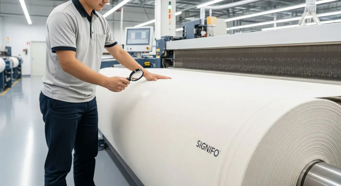 Seorang teknisi SIGNIFO mengawasi kualitas kain pada mesin air jet loom super modern.