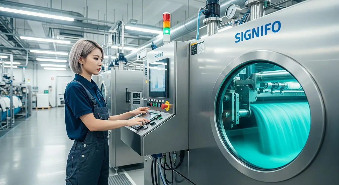 Seorang teknisi SIGNIFO mengoperasikan mesin Jet Dyeing paling mutakhir.