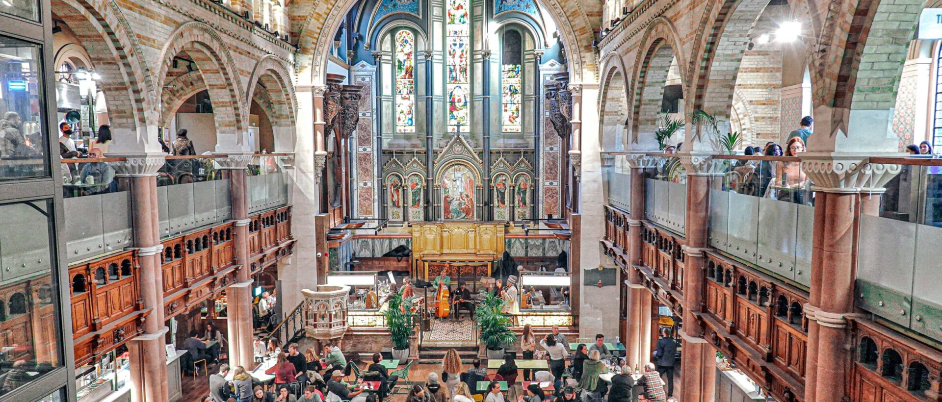 Modern food hall set inside a former church off Oxford Street