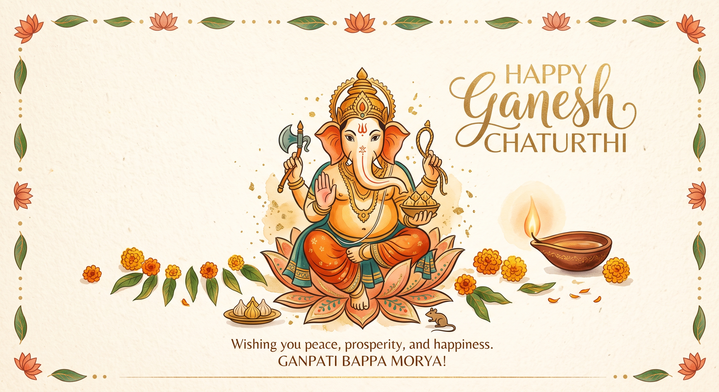 Illustrated Ganesh Chaturthi greeting with Ganesha, diya and flowers