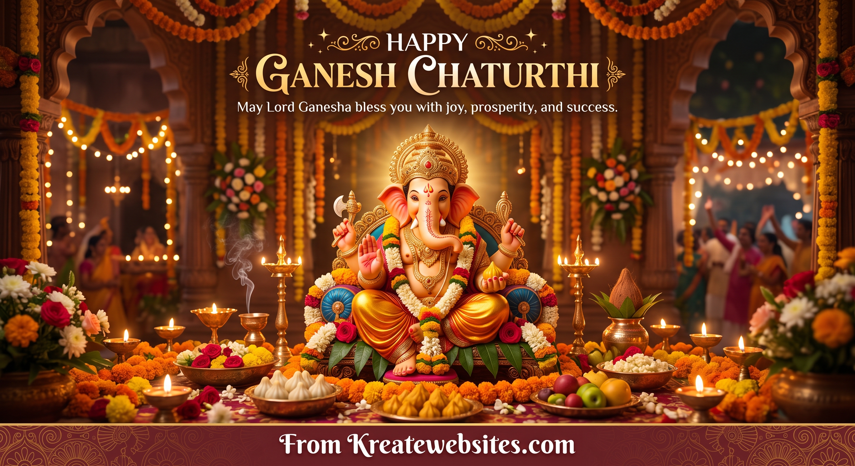 Ganesh Chaturthi celebration with Ganesha, lamps, flowers and offerings