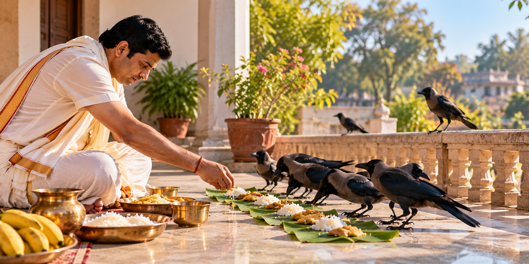 Hindu man placing rice and food on banana leaves for crows during Shraddha on a sunlit terrace.