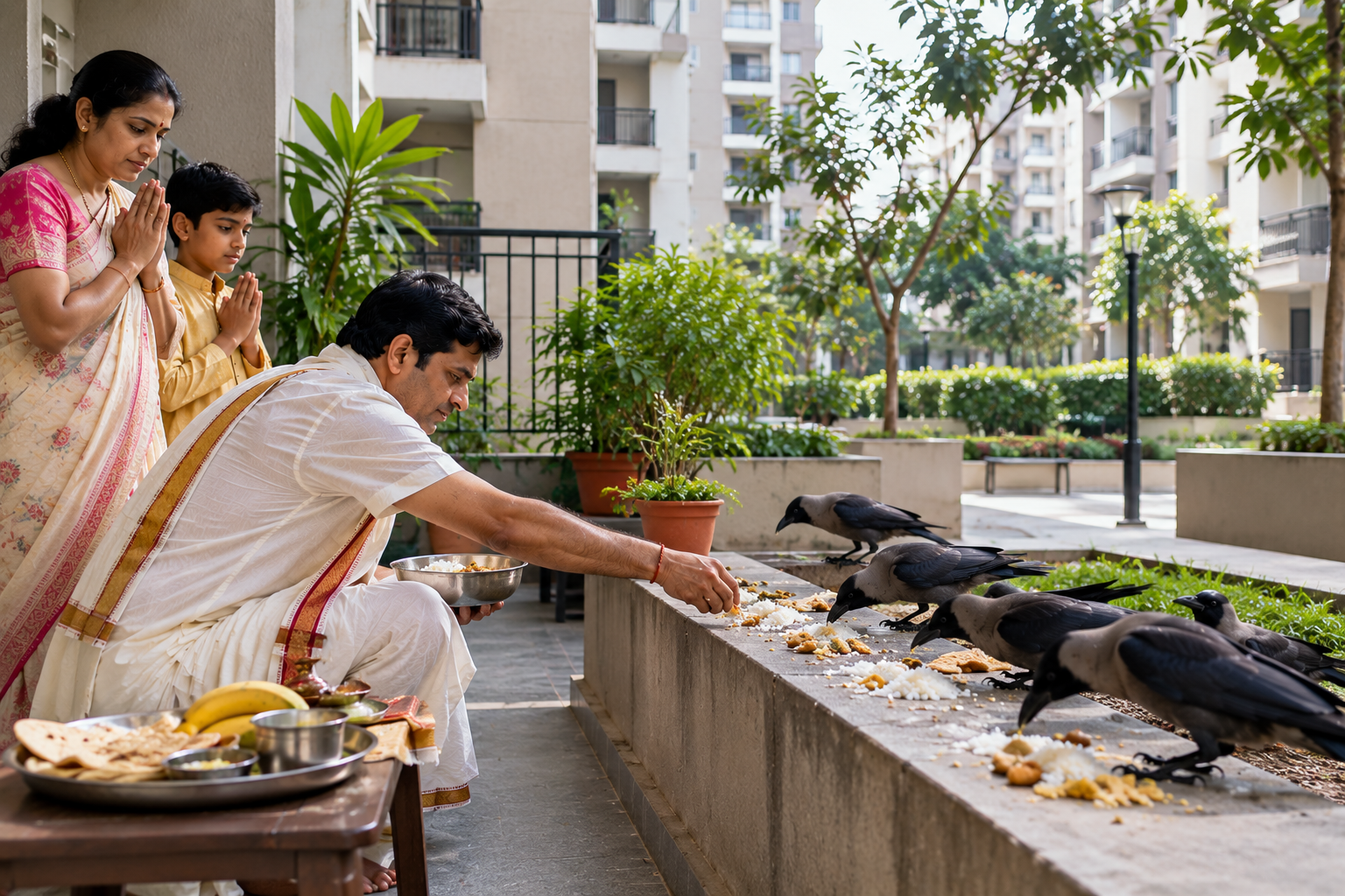 Indian family feeding rice and food to crows in a modern apartment complex courtyard during Shraddha.