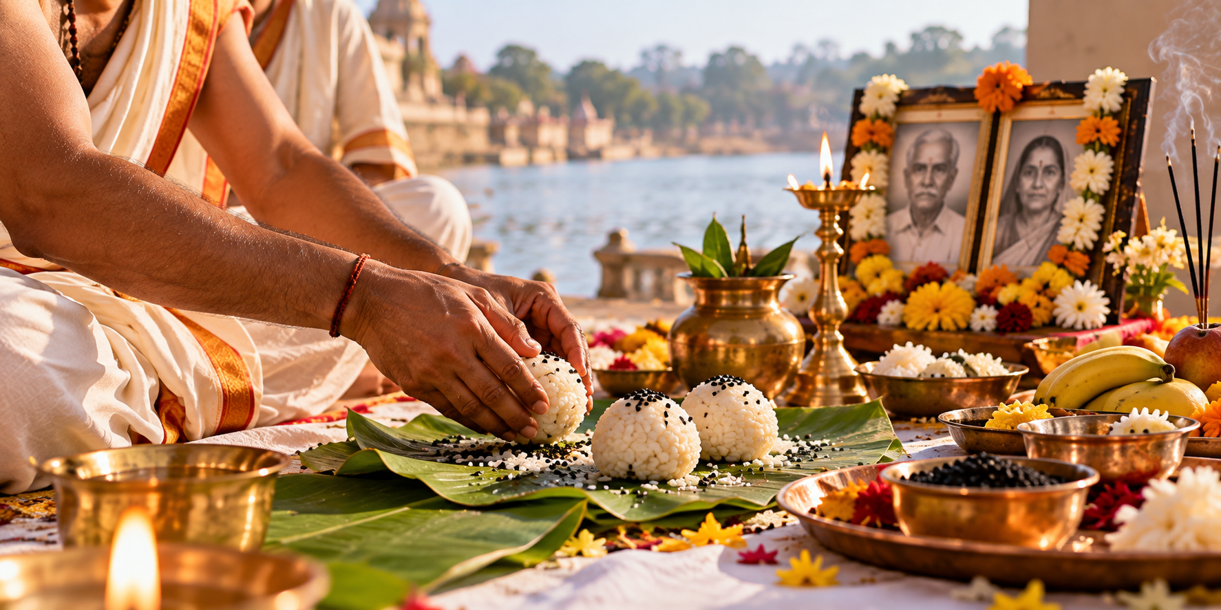 Close view of a Hindu devotee preparing rice pindas on banana leaves during Shraddha beside brass vessels, lamps and ancestor portraits.