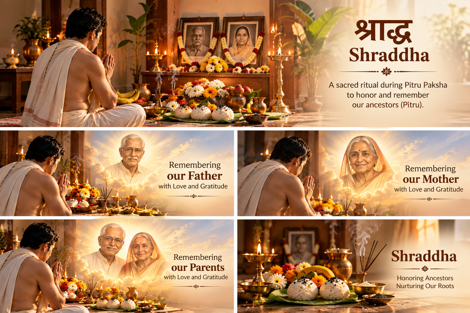 Collage showing several Shraddha and Pitru Paksha traditions, including ancestor remembrance, ritual offerings and family observance.