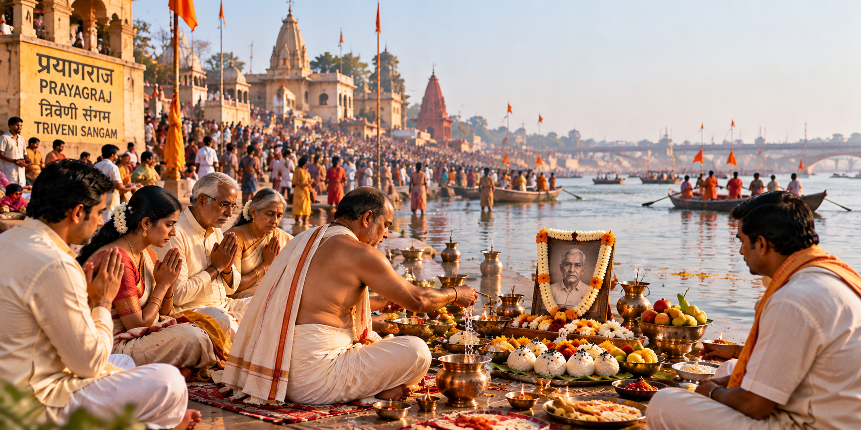 Family performing Shraddha and pind daan at Prayagraj Triveni Sangam with boats, pilgrims and ritual offerings beside the river.
