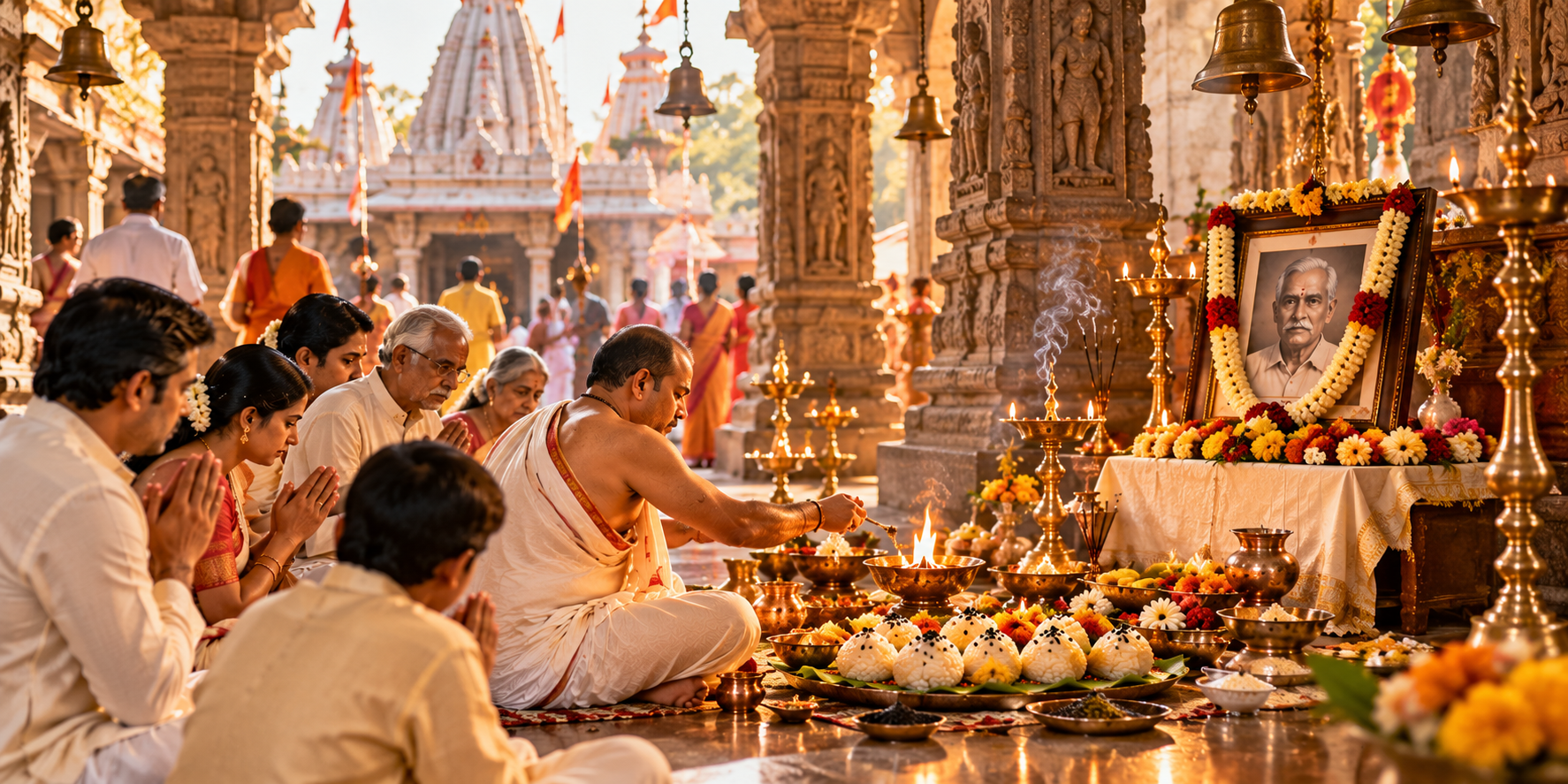 Family performing Shraddha with a priest inside a Hindu temple surrounded by pind offerings, brass lamps, incense and an ancestor portrait.