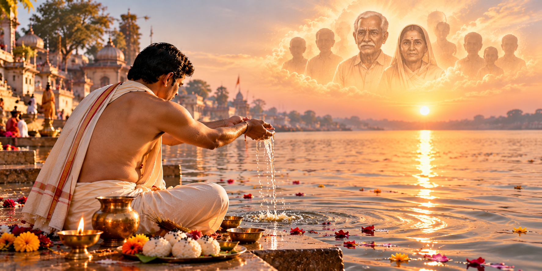 Hindu man offering water tarpan from cupped hands into a sacred river during Shraddha as ancestors are remembered symbolically.