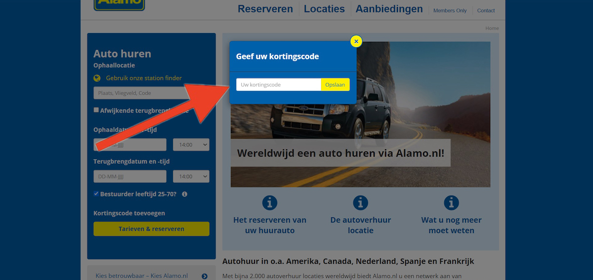 Kortingscode-invoerveld bij Alamo