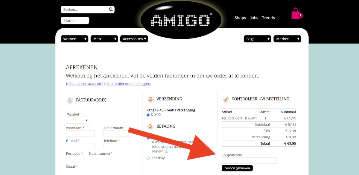 Kortingscode-invoerveld bij Amigo