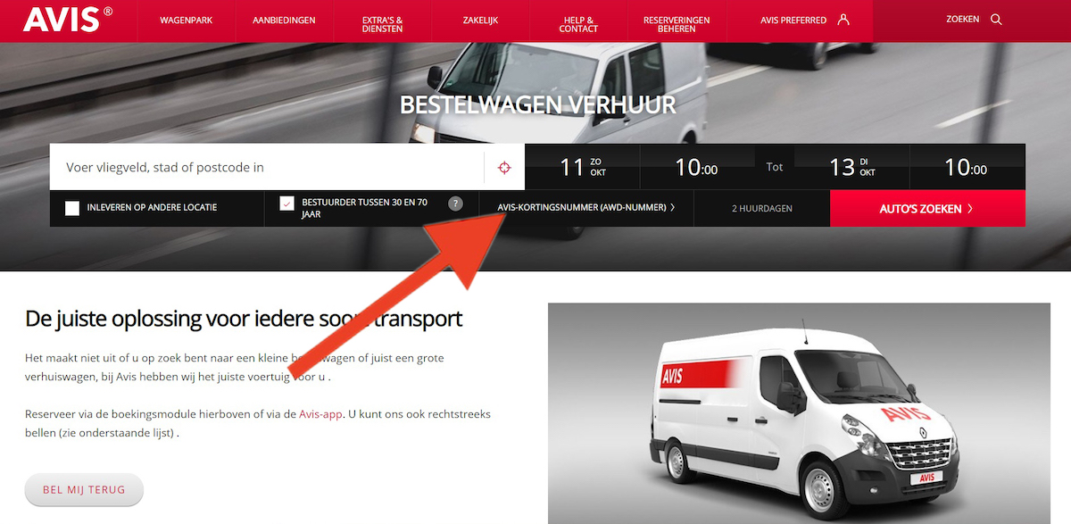 Kortingscode-invoerveld bij Avis