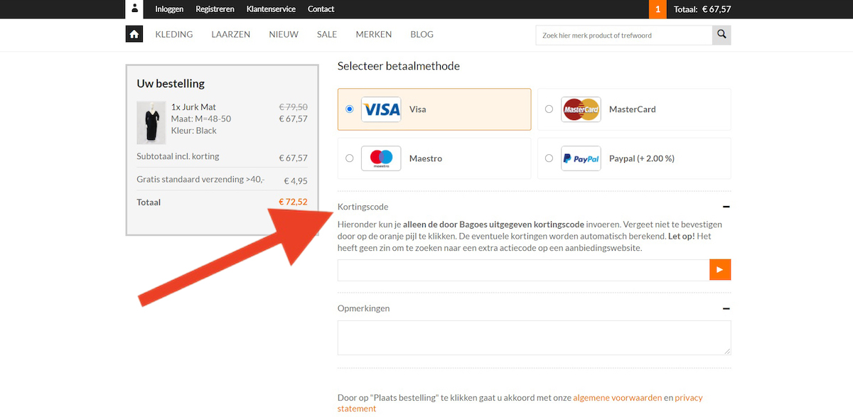 Kortingscode-invoerveld bij Bagoes