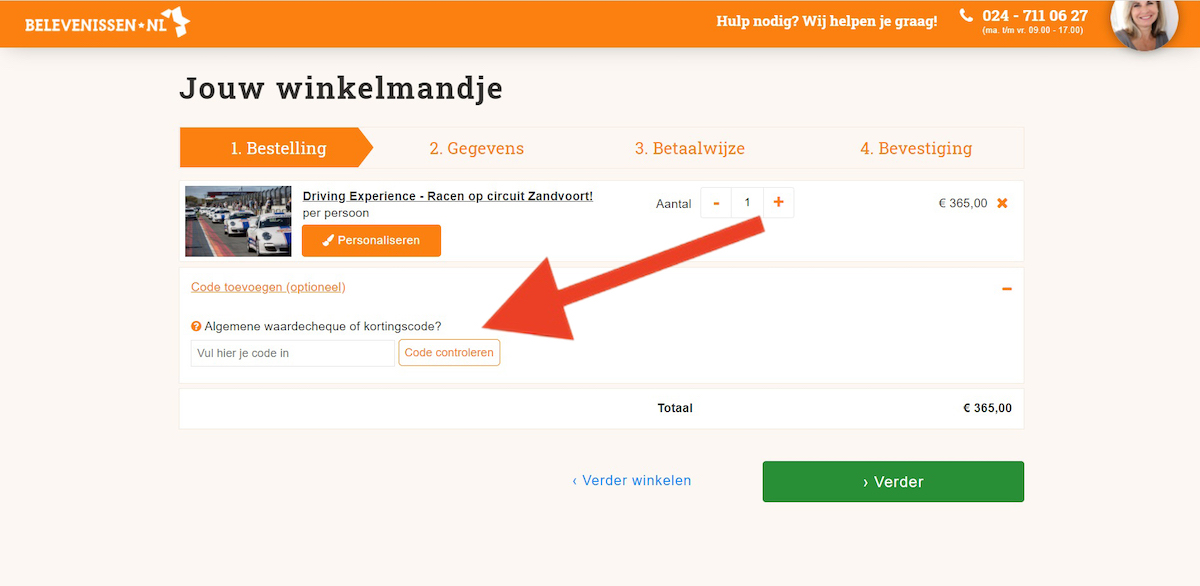 Kortingscode-invoerveld bij Belevenissen.nl
