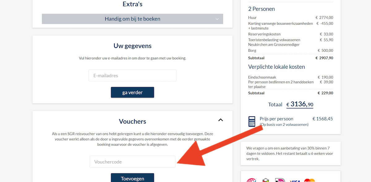 Kortingscode-invoerveld bij ChaletsPlus