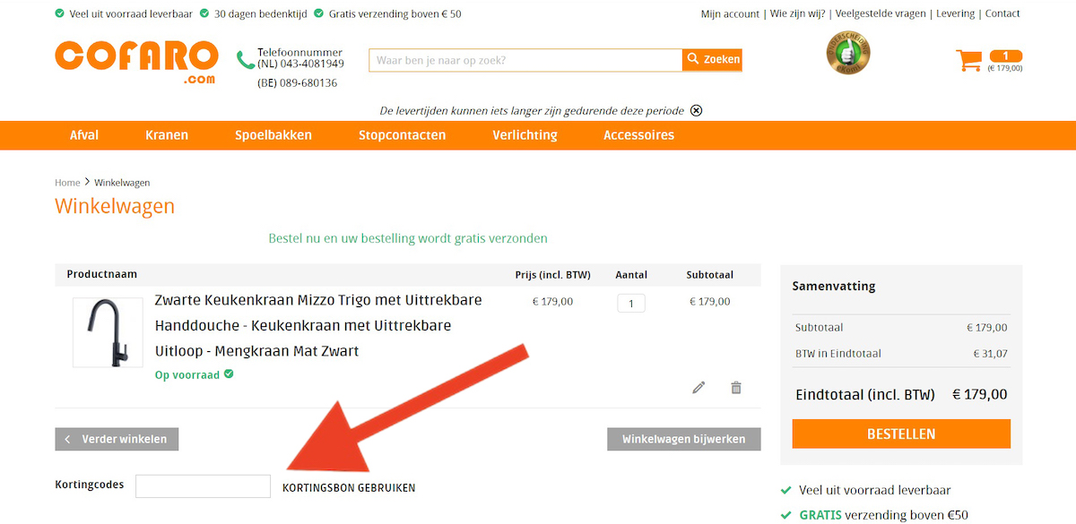 Kortingscode-invoerveld bij Cofaro