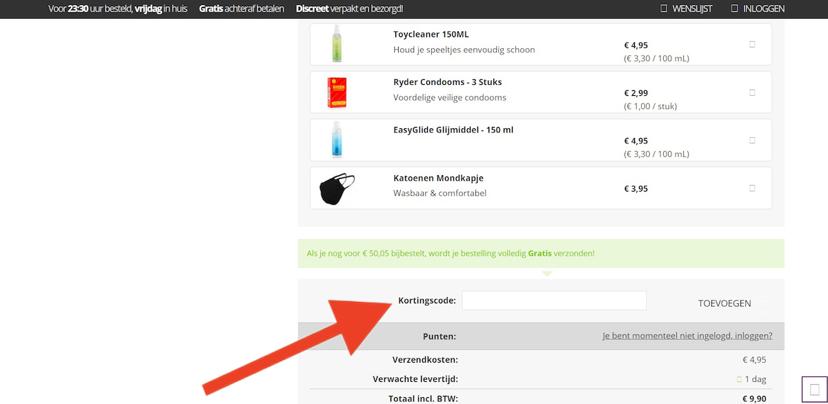 Kortingscode-invoerveld bij DeSexShop.nl