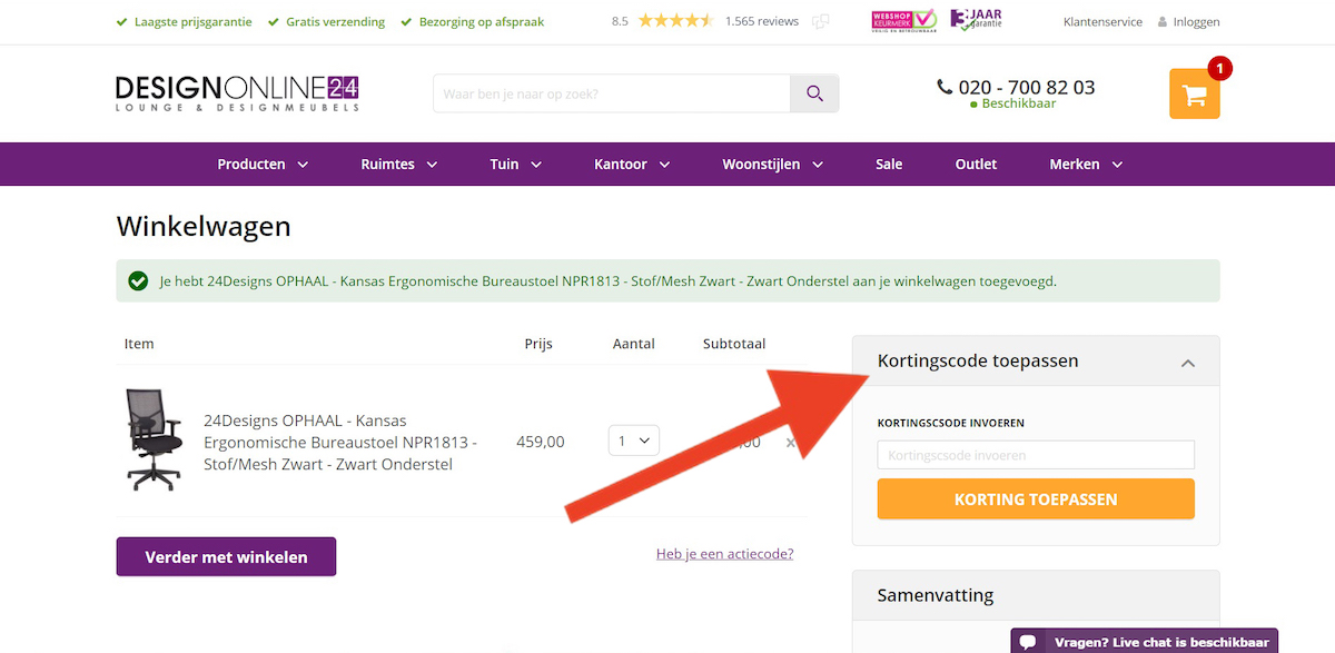 Kortingscode-invoerveld bij Designonline24
