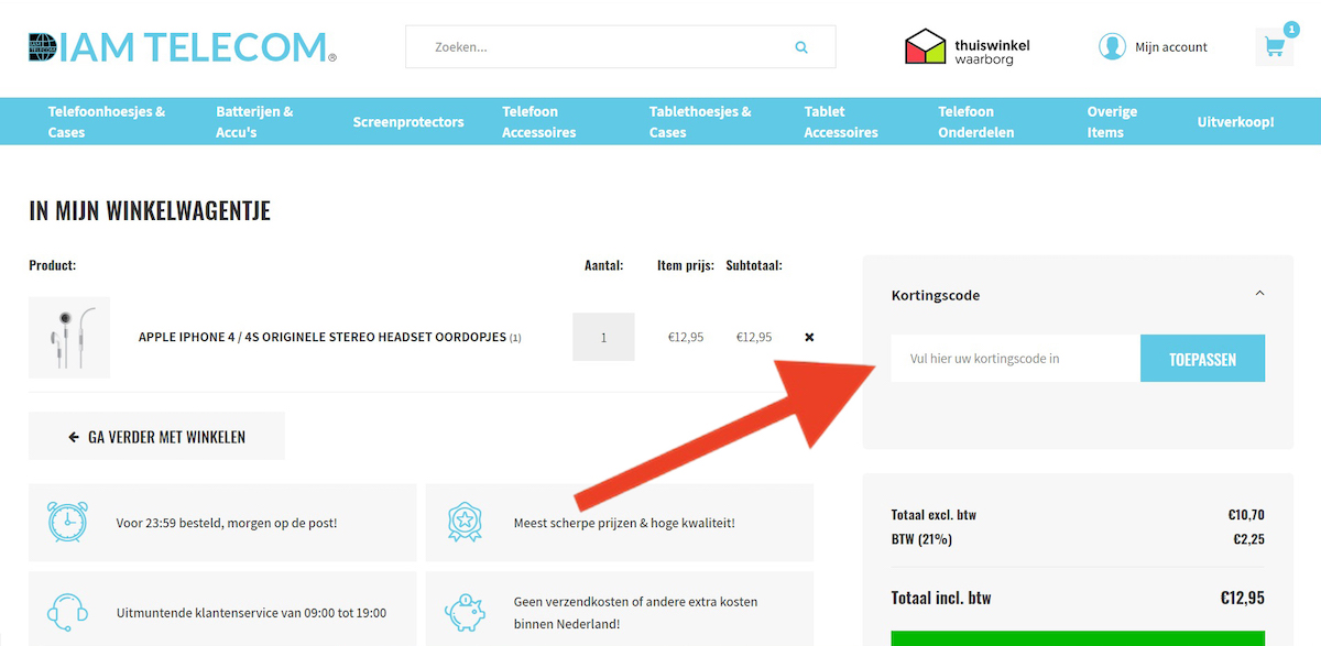 Kortingscode-invoerveld bij Diamtelecom