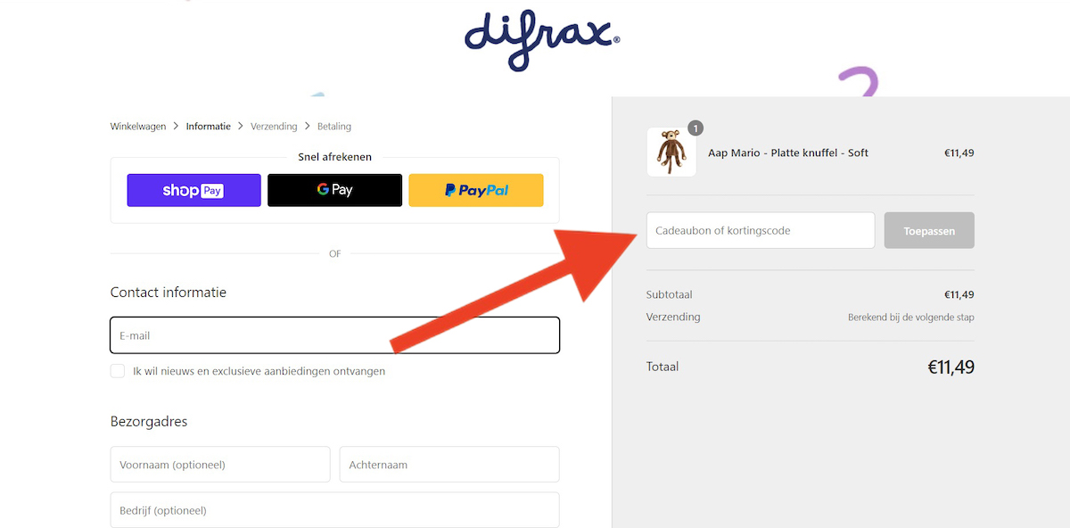 Kortingscode-invoerveld bij Difrax
