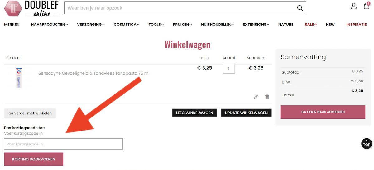 Kortingscode-invoerveld bij DoubleFOnline