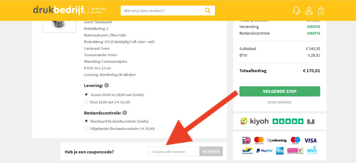 Kortingscode-invoerveld bij Drukbedrijf