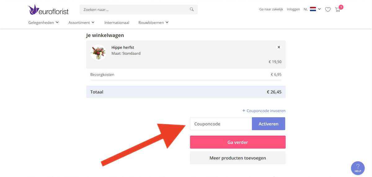 Kortingscode-invoerveld bij Euroflorist