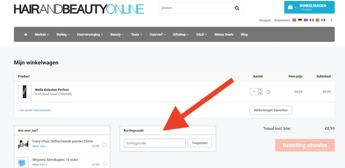 Kortingscode-invoerveld bij Hairandbeautyonline.com