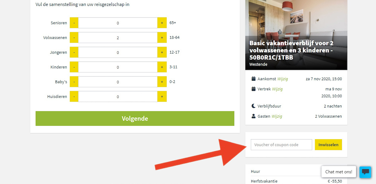 Kortingscode-invoerveld bij Holiday Suites