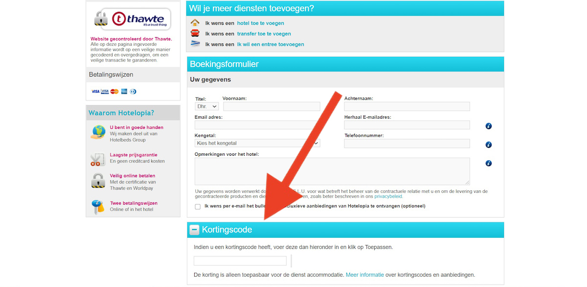 Kortingscode-invoerveld bij Hotelopia