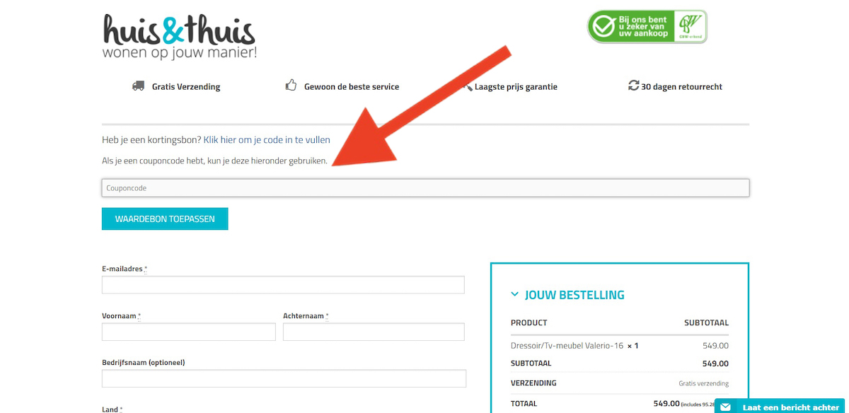 Kortingscode-invoerveld bij Huisenthuis