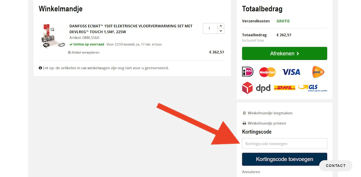 Kortingscode-invoerveld bij Installatievakwinkel