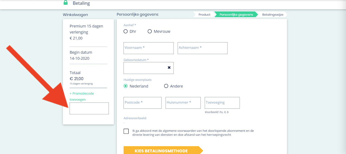 Kortingscode-invoerveld bij Kamernet