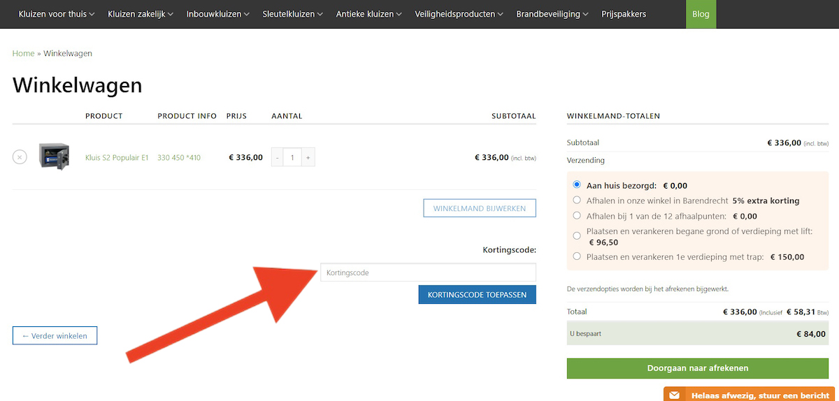 Kortingscode-invoerveld bij Kluizen.nl