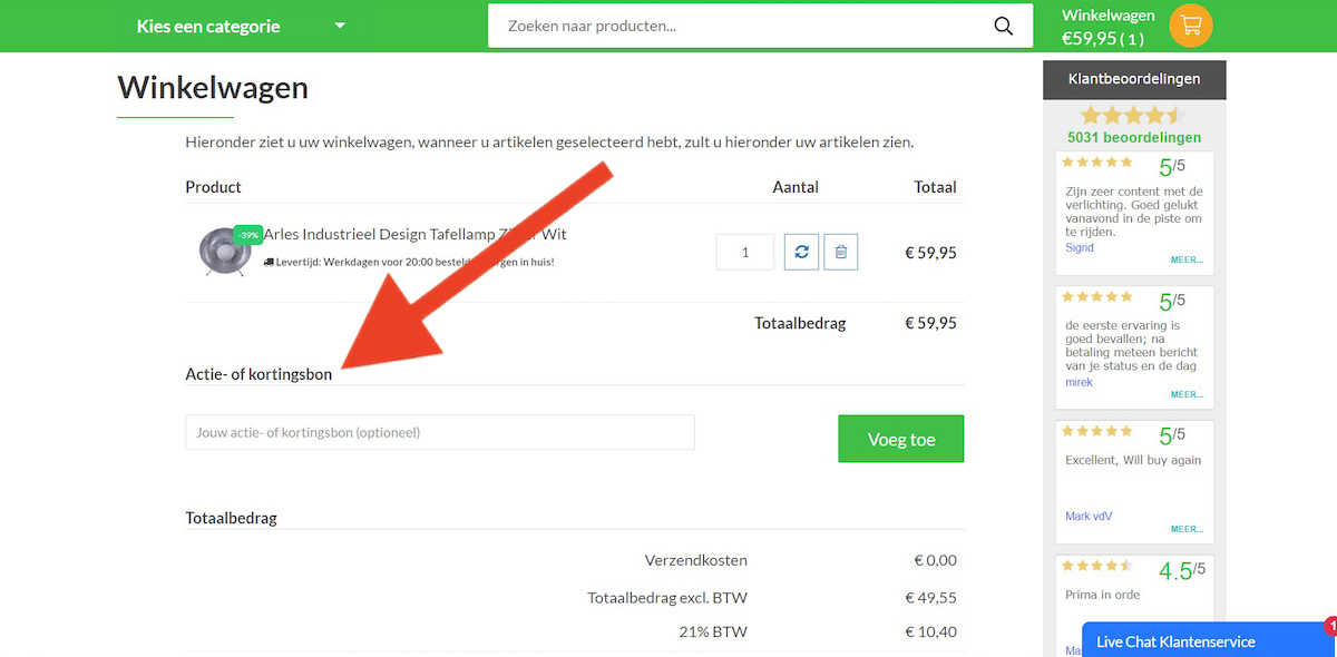 Kortingscode-invoerveld bij LEDshop Groenovatie